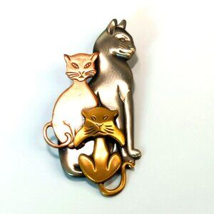 Vintage K&T Mixed Metal Tricolor Cats Brooch Pin 3 Inches
